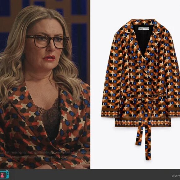 New Zara Printed Double Breasted Tie Belt Brown Blazer Blogger Favorite NWT XS - Picture 11 of 17